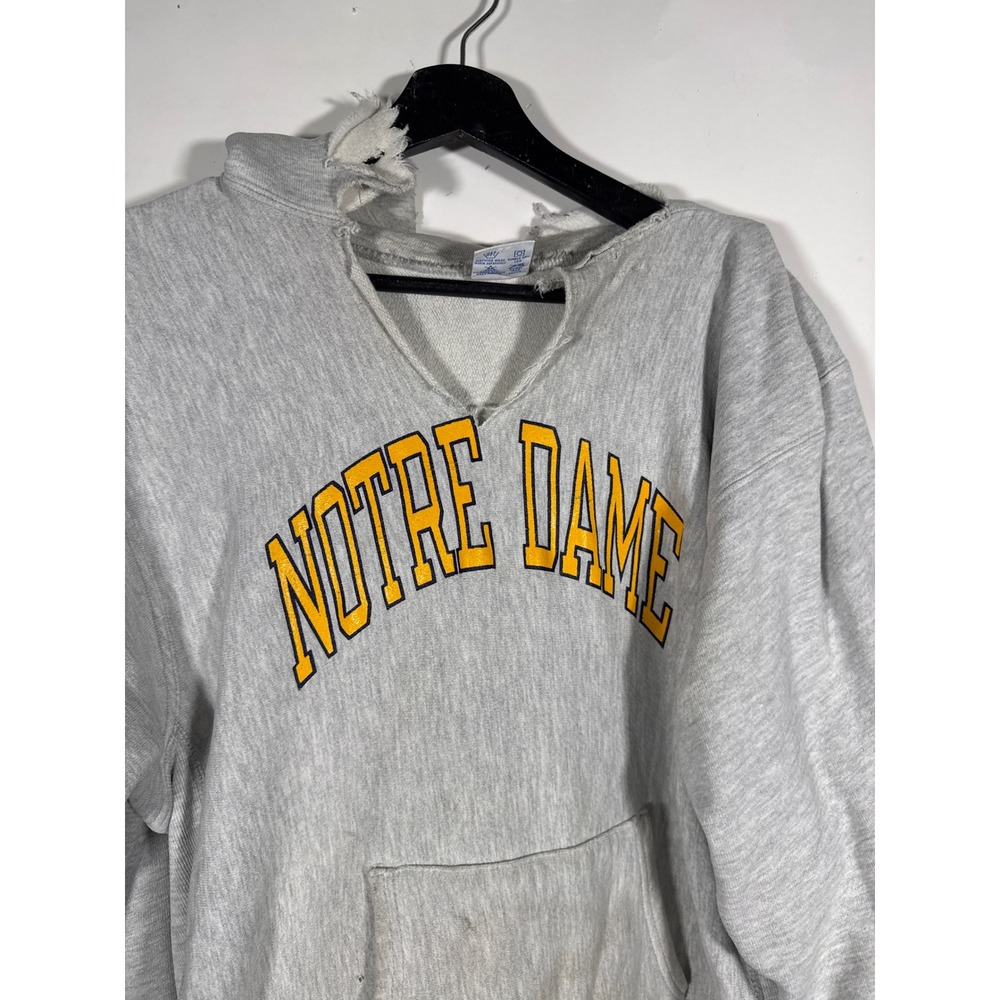 Vintage Champion Reverse Weave Notre Dame Hoodie Gray Distressed Mens XL 90s